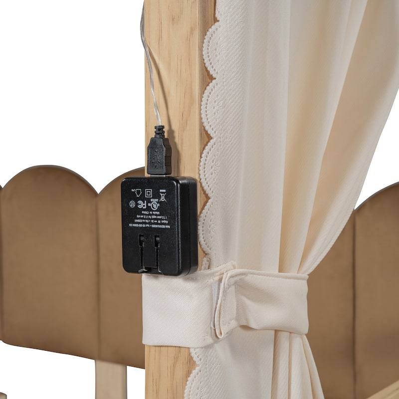 Wood Twin Size Bed Frame with Arched Roof, Floor Bed with Light and Curtain, Pull-out Kids Bed for Girls Boys Bedroom