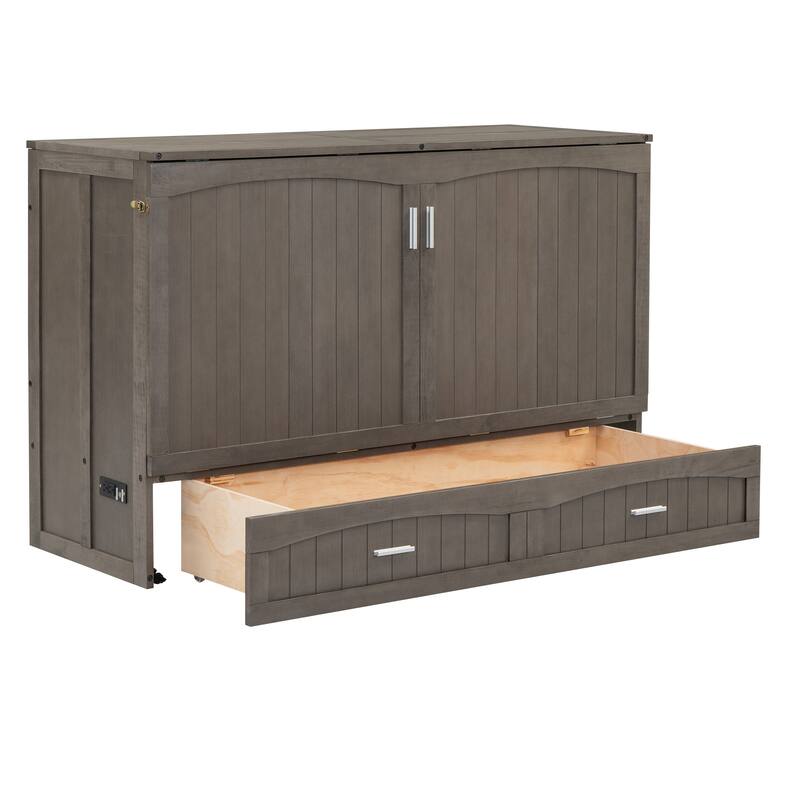 Grey Queen Murphy Bed in Antique with Charging Station and Storage Drawer - Pine and MDF