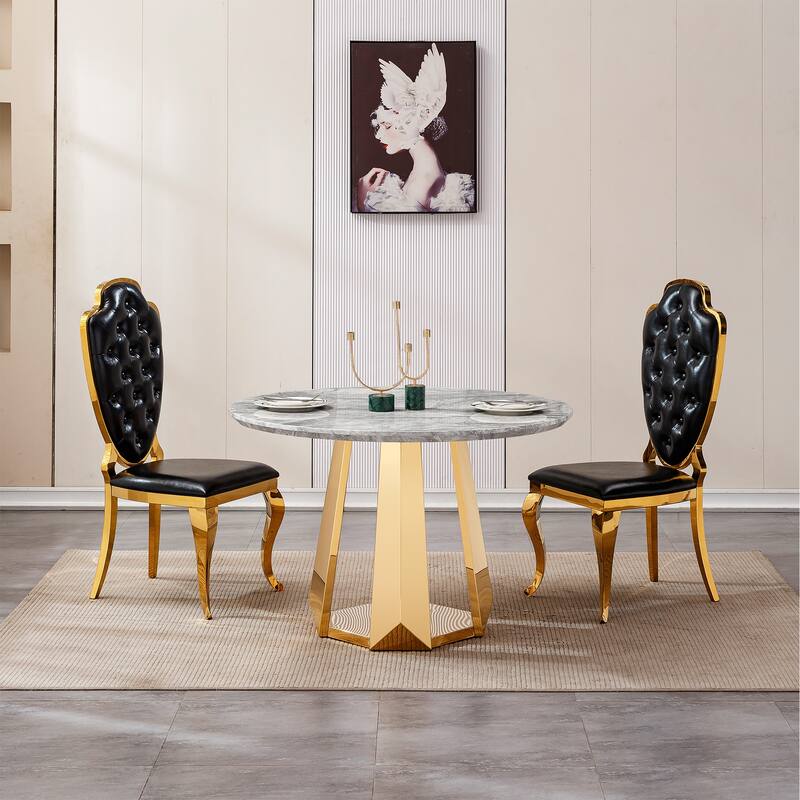 GDFStudio - Lisa Series 47" Round Marble Dining Table and Stainless Steel Base for Dining Room, Kitchen