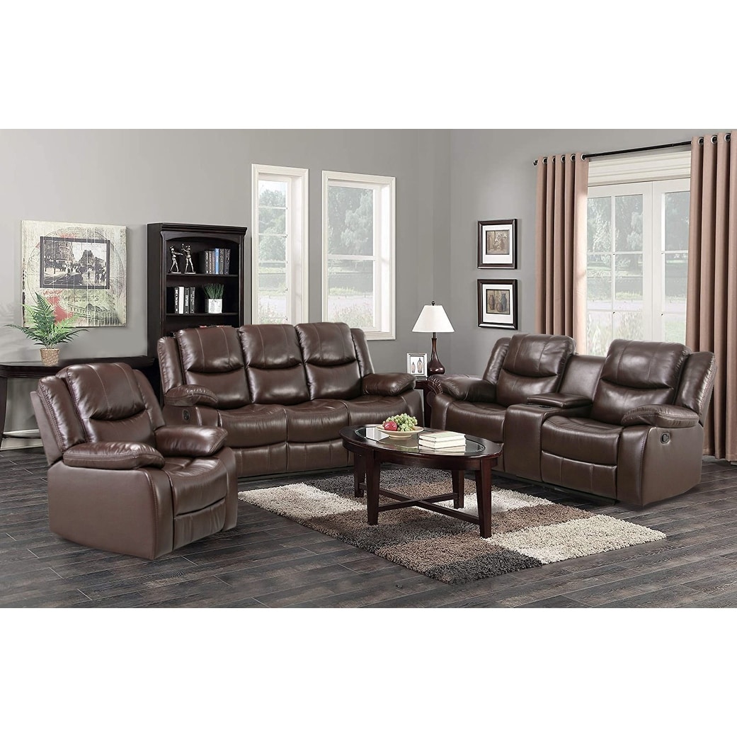 3 Pieces Sectional Sofa Set Manual Recliners with Cup Holders PU Leather Overstuffed Set Brown