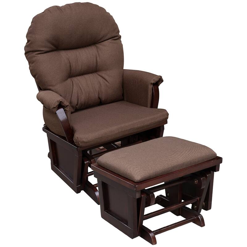 Glider Rocker Chair with Ottoman & Brown Wood Base - Brown