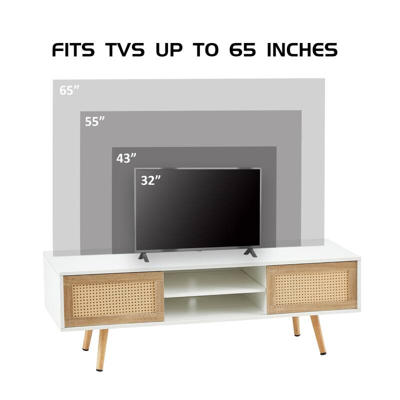 60" Rattan Woven TV Stand - Adjustable Shelves and Sliding Doors, Solid Wood Legs with PVC Feet