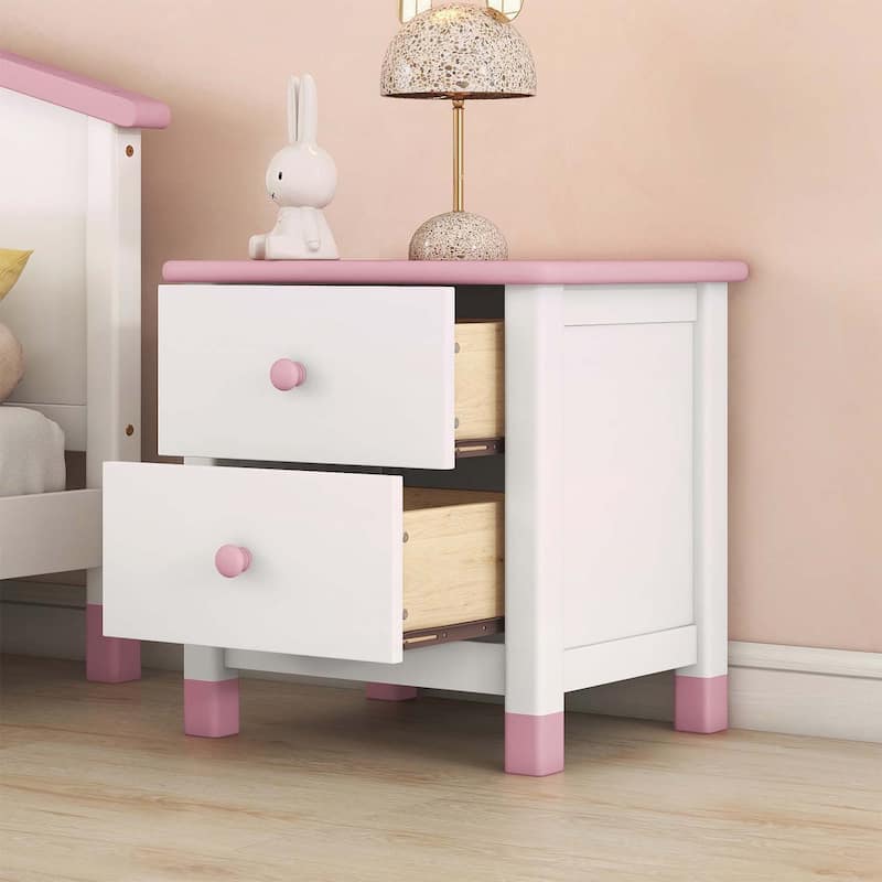 Cute and Sturdy Wooden Nightstand with Two Drawers - Pink+White