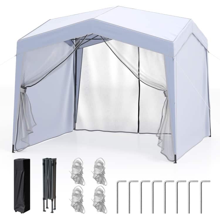 10x10 FT White Pop-Up Canopy Tent with Sidewalls & Mesh Netting - 120 x 120 x 104.4–108 inches (L x W x H)