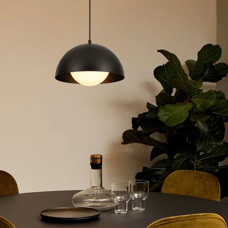 1-Light 11.8" Modern Farmhouse Black Dome Frosted Glass Globe Pendant Light for Kitchen Island - 11.8 in. W x 9.84 in. H