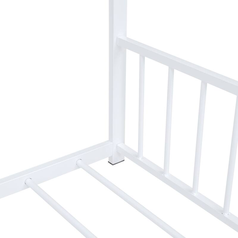 Twin/Full Size Montessori Floor Bed for Kids, Metal House Bed Frame w/Fence & Roof, Kids Playhouse Bed, Metal Platform Bedframe