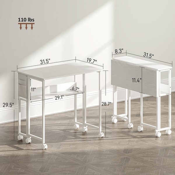 dimension image slide 2 of 3, HOMCOM Small Folding Desk, Rolling Computer Desk Foldable with Storage Bag and Shelf, 31.5" Portable Writing Table on Wheels