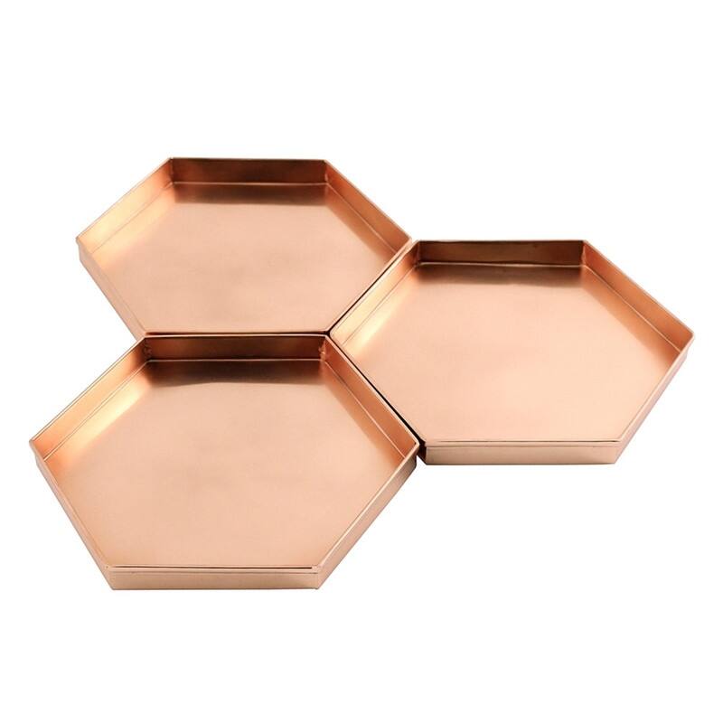 Achla Designs Set of 3 Decorative Hexagonal Stainless Steel Trays, 9 Inch Wide, Copper Plated Finish