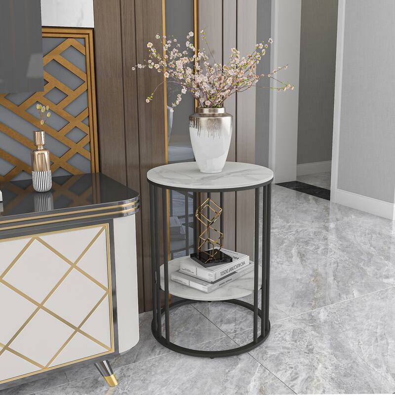 End Table 2-Tier Round Side Accent Table with Sintered Stone Tabletop - 15.7x15.7x21.3 inch