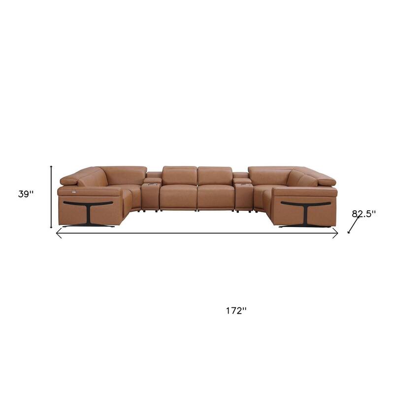 HomeRoots Chestnut Italian Leather Power Reclining U Shaped Eight Piece Corner Sectional With Console