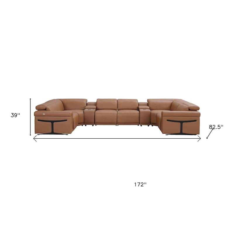 HomeRoots Chestnut Italian Leather Power Reclining U Shaped Eight Piece Sectional With Console