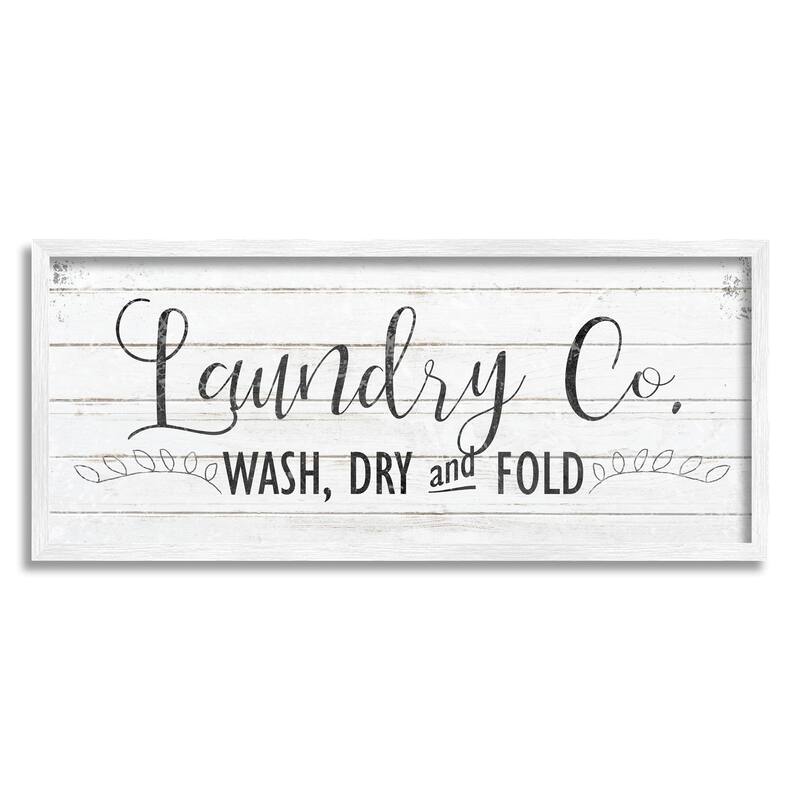 Laundry Wash Dry Bathroom Black And White Word Design Framed Wall Art - 10 x 24 - Wood - White