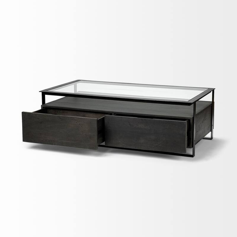 Vidro Glass Top w/ Black Solid Wood Drawers & Black Iron Frame Rectangular Coffee Table
