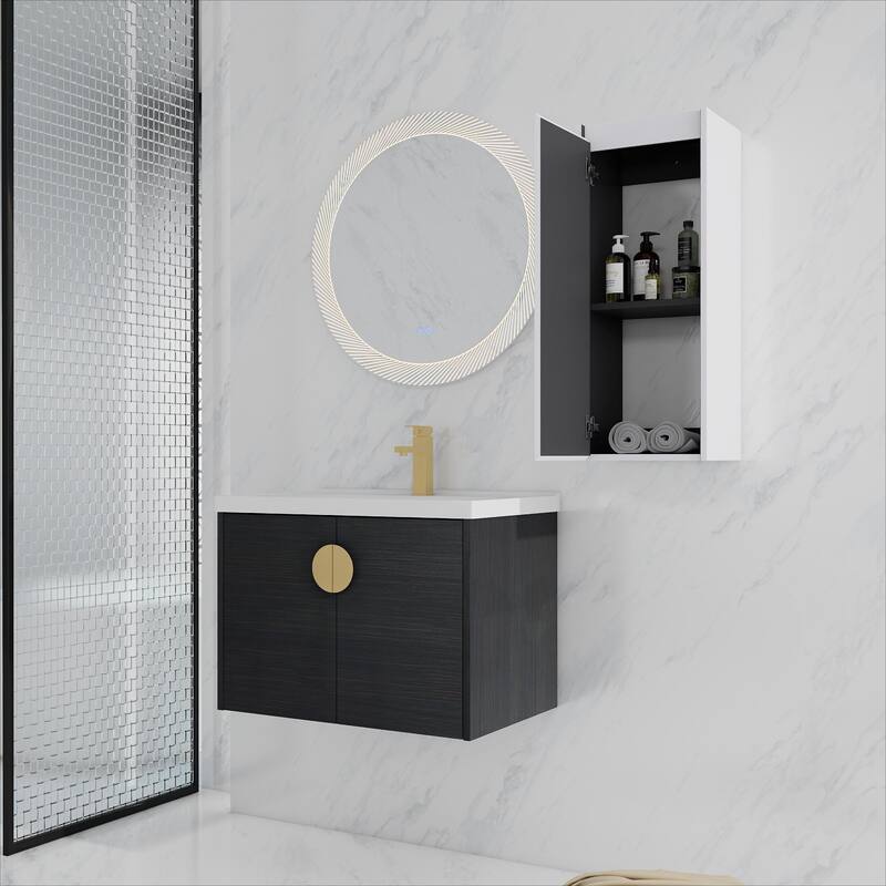 28" Wall-Mounted Bathroom Vanity With Ceramic Sink and Side Cabinet, Soft Close Doors, Combination Cabinet - Black Chestnut,White1