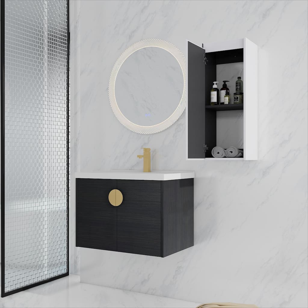 28" Wall-Mounted Bathroom Vanity With Ceramic Sink and Side Cabinet, Soft Close Doors, Combination Cabinet