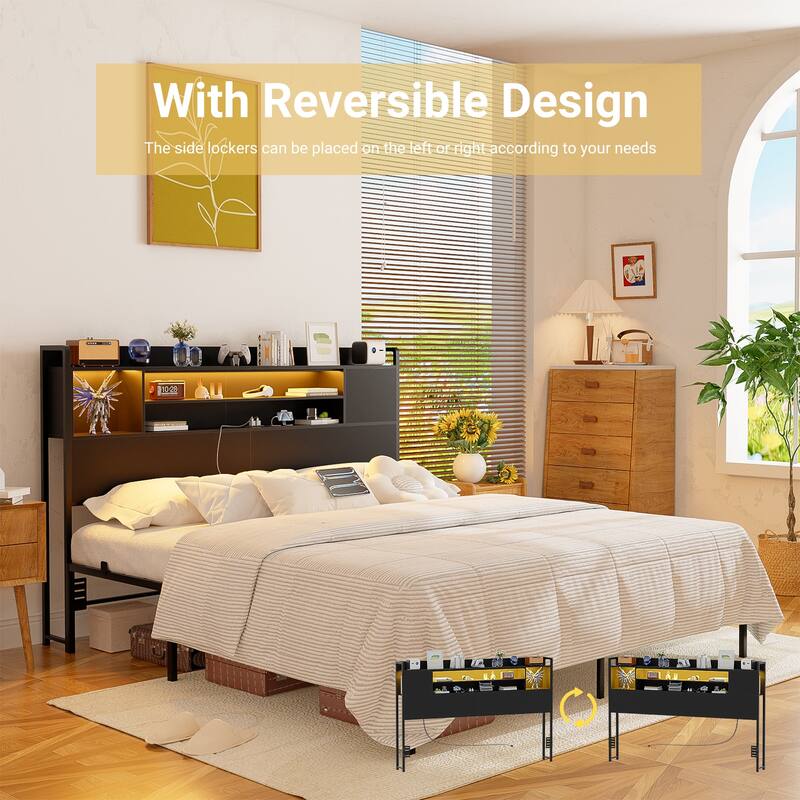 Storage Headboards with Power Outlet and LED Light, Head board with Storage Shelves for Bed Frame