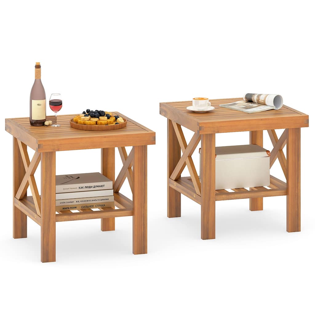 Gymax 2PCS Outdoor Side Table Acacia Wood Adirondack Table w/ Storage
