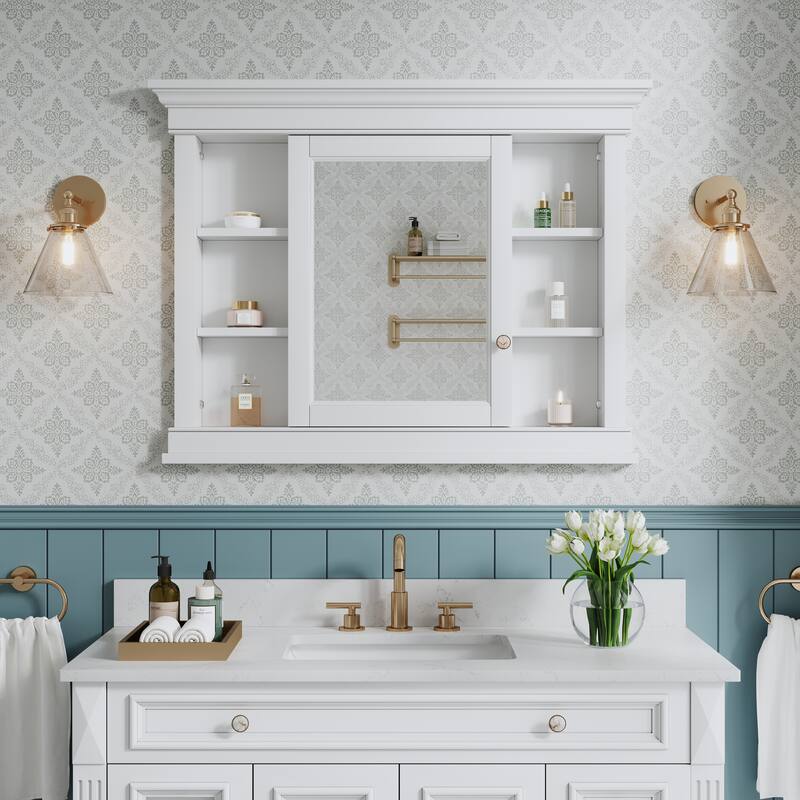 42"W X32''H Recessed Wall-Mounted Solid Wood Framed Medicine Cabinet With Adjustable Glass Shelves