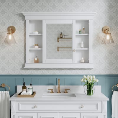 42"W X32''H Recessed Wall-Mounted Solid Wood Framed Medicine Cabinet With Adjustable Glass Shelves
