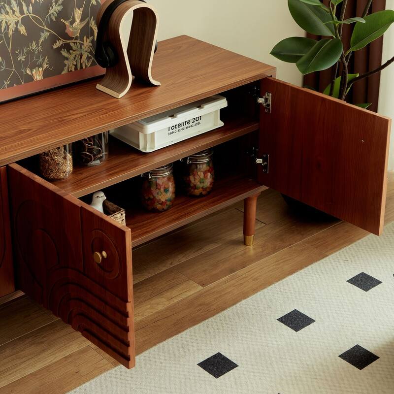 Mid-Century Modern TV Stand-Walnut Entertainment Center with 4 Storage Cabinets, Fits 55+ Inch TVs, Minimalist Design for Living