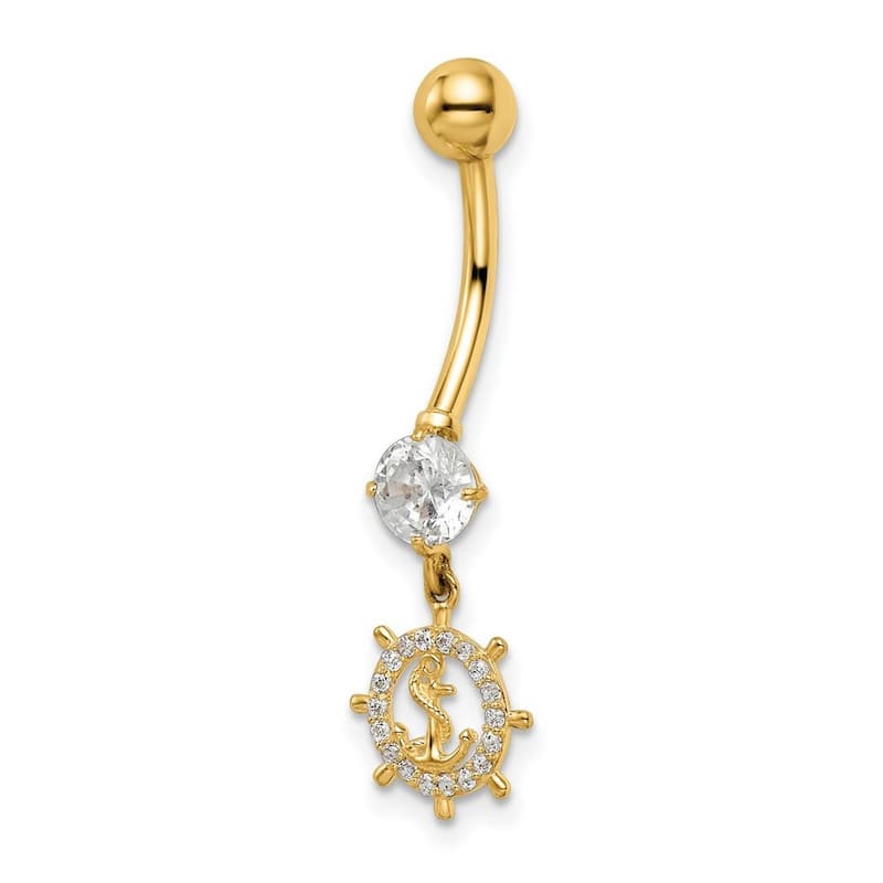 Curata 14k Yellow Gold 14g CZ Simulated Diamond Ship Wheel and Anchor Dangle Belly Ring