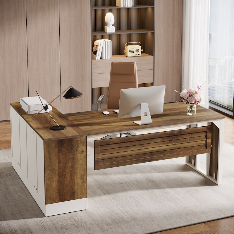 70.9" L-Shaped Executive Desk, Office Desk with Cabinet