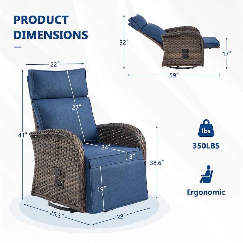 Meyreso 2-Piece Wicker Swivel Reclining Chaise Lounge with Adjustable Backrest & Footrest