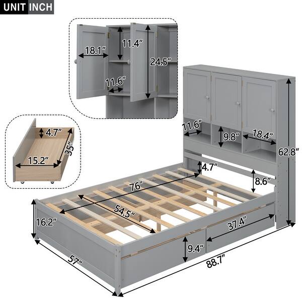 Storage Platform Bed with Headboard 9 Shelves and 4 Drawers, Gray