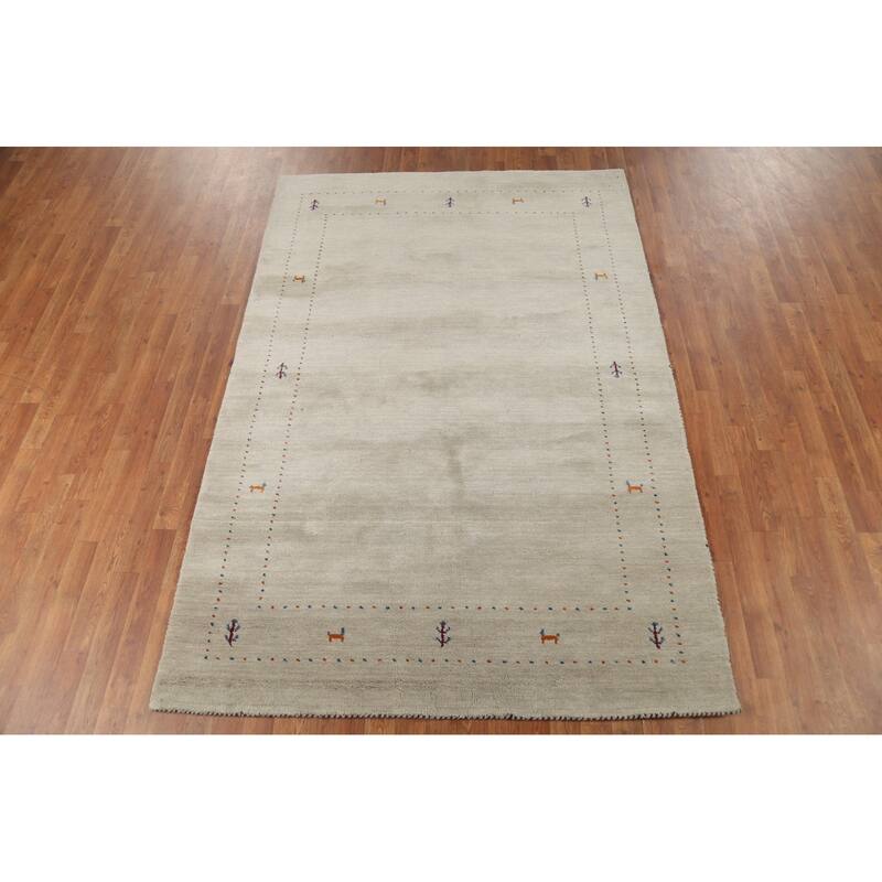 Beige Tribal Gabbeh Oriental Rug Hand-Knotted Wool Carpet - 5'4"x 7'10"