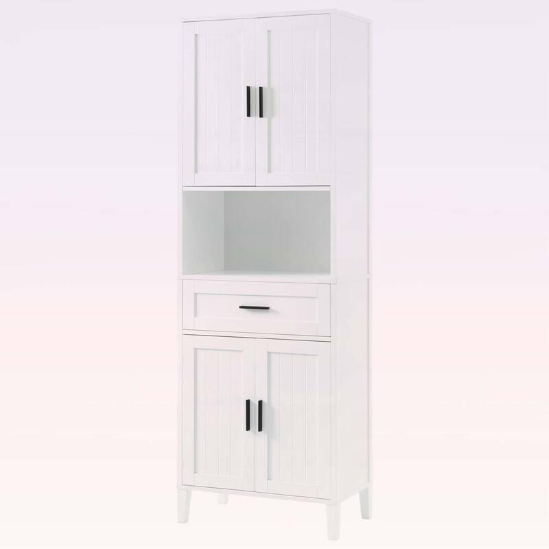 Freestanding Tall Cabinet with Drawer,2 Cabinets,4 Soft-Close Doors,and Adjustable Shelves for Versatile Storage