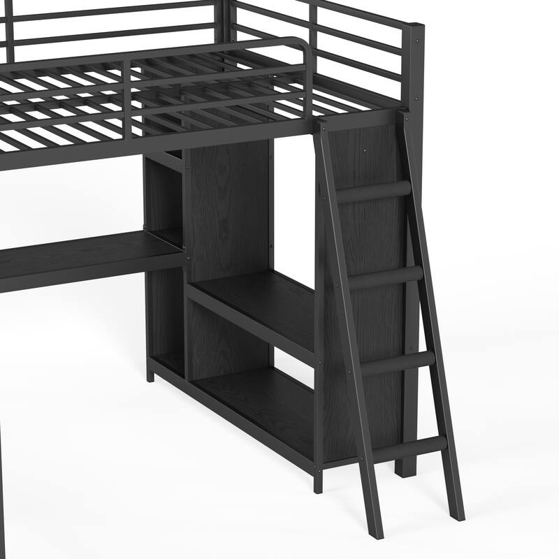 L-shaped Triple Bunk Bed with Desk and Wardrobe, Twin XL over Twin XL Bunk Bed with an Attached Full Loft Bed