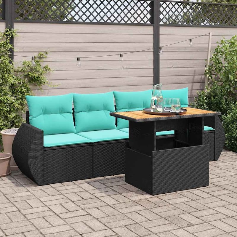 vidaXL Patio Sofa Set with Cushions Outdoor Furniture 5 Piece Poly Rattan - 27.6 x 24.4 x 27.2 - Black-with storage