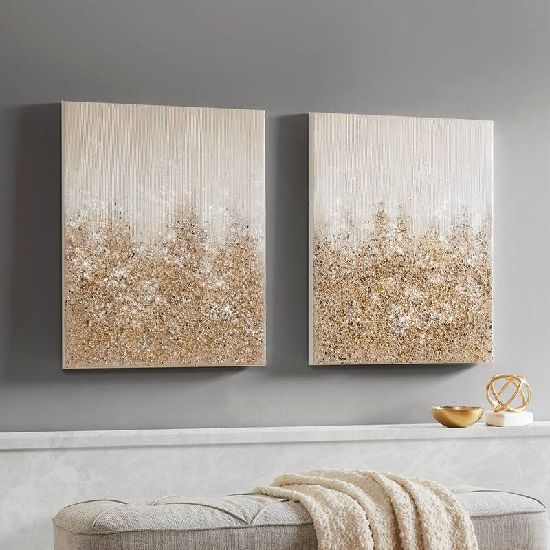 Heavily Embellished 2-piece Canvas Wall Art Set - Chalk/Gold