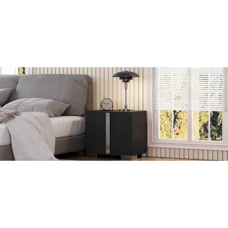 Modern End Table with Drawers, Elegant Nightstand with Metal Foot,Wood Bedside Table with Mirrored Metal Handles