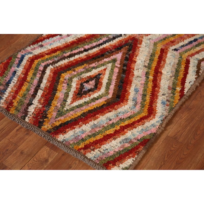 Geometric Moroccan Runner Rug Hand-Knotted Tribal Oriental Wool Carpet - 2'11" x 9'5"