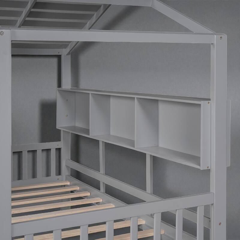 Wooden Twin/Full House Bed with Roof, 2 Storage Drawers & Rear Shelf, Kids Platform Bed with Slats, Gray