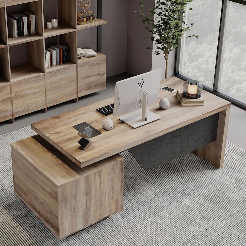 WESOME Modern Width Adjustable Executive Desk with Storage Cabinet for Home Officec