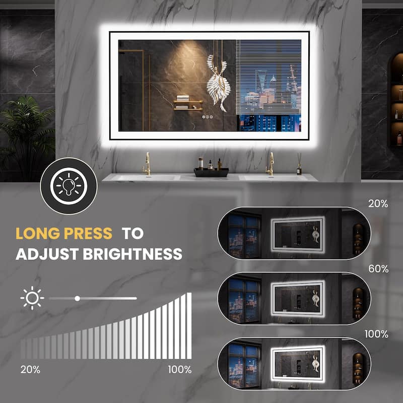 55x30 Smart LED Bathroom Mirror with Anti Fog Dimmable Lighting White Tempered Glass