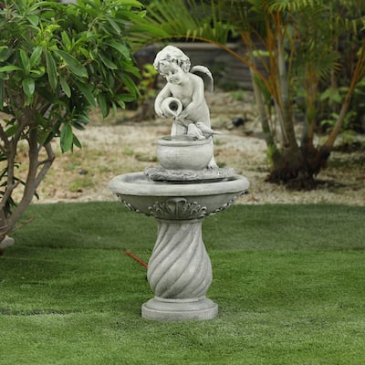 Grey Resin Cherub Birdbath Outdoor Patio Fountain