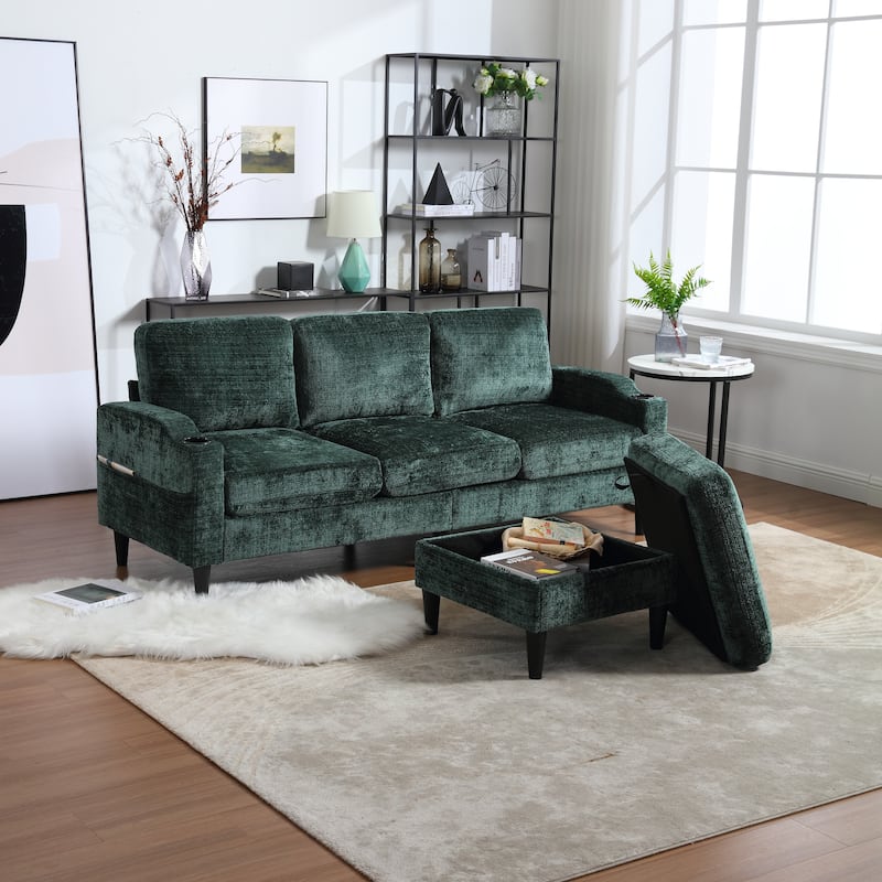 Chenille Deep Seat Couch with Chaise, L-shaped Sectional Sofa with Storage Ottoman, Cup Holders and Side Pockets for Living Room