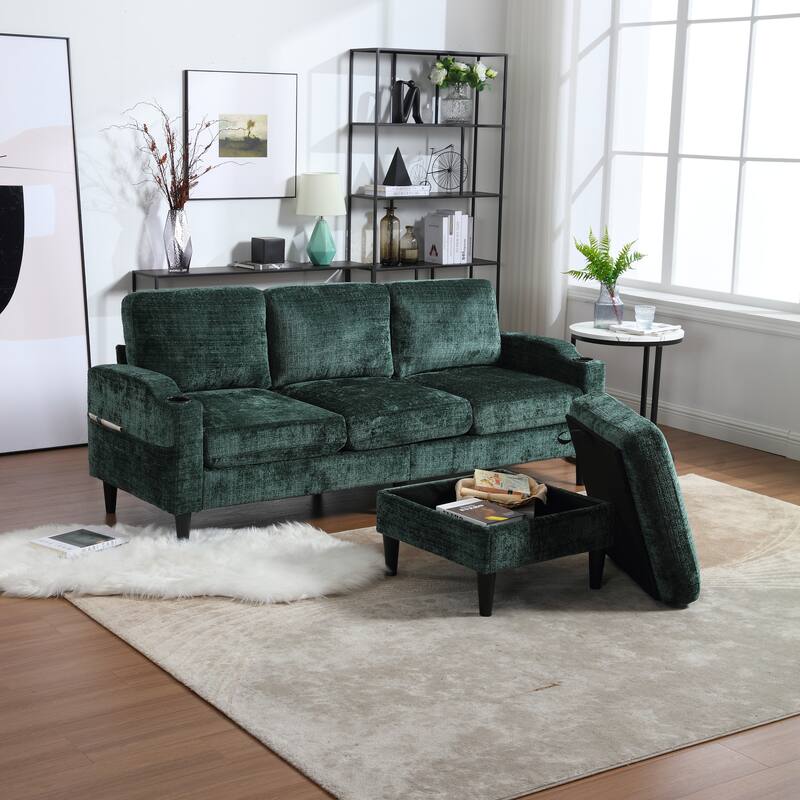 Modular Sectional Sofa with Storage Ottoman, Comfy Chenille Fabric Sofa, 3-Seater Sofa with Side Pockets & 2 Cup Holders