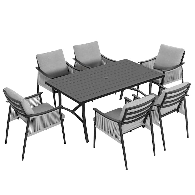 7-Piece Aluminum and Textilene Rope Patio Dining Set with Umbrella Hole