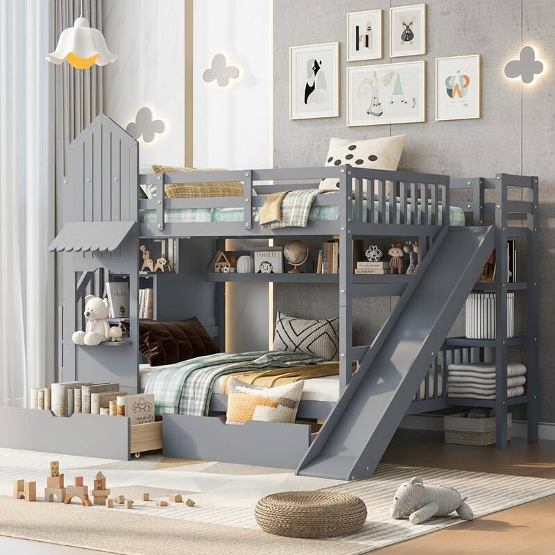 Merax Castle Style Bunk Bed with 2 Drawers 3 Shelves and Slide - Grey - Full