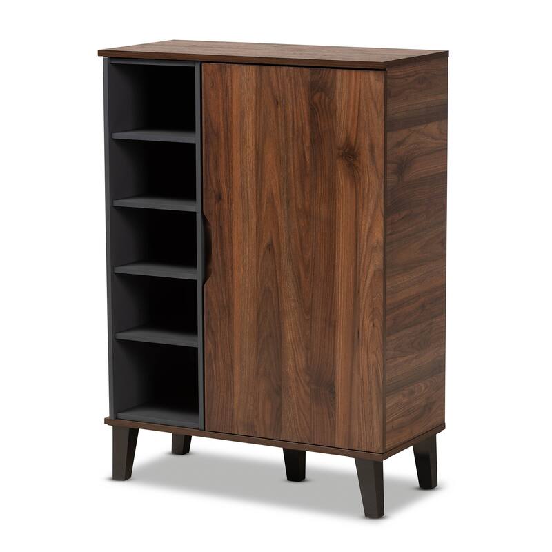 Idina Mid-Century Modern Two-Tone 1-Door Shoe Cabinet - Walnut