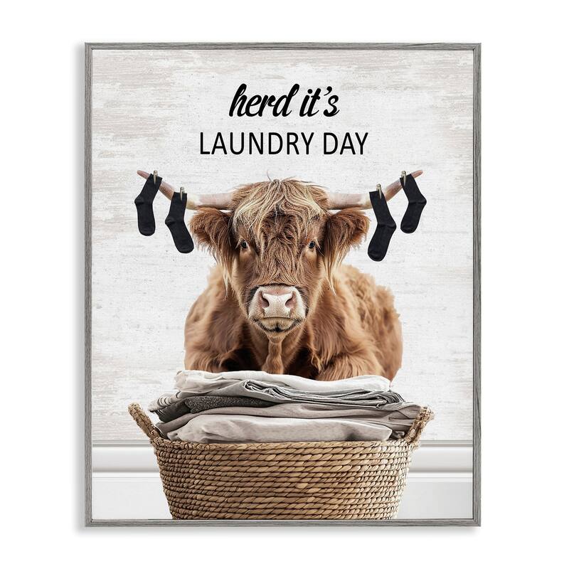 Stupell Laundry Cattle with Hanging Socks Framed Giclee Art Design By Lettered and Lined - 11 x 14 - Grey