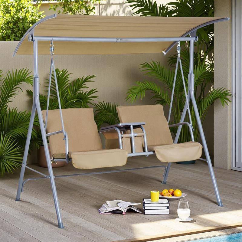 Steel 2-Person Porch Swing with Stand and Canopy - Outdoor Patio Swing with Storage Table and Cup Holders - Beige