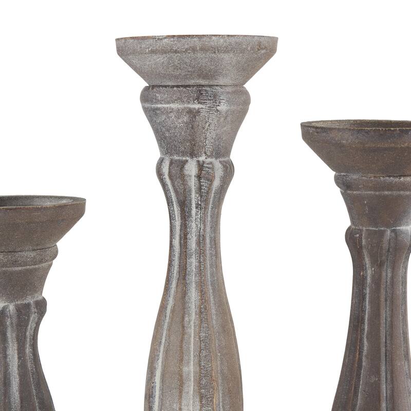 Wooden Distressed Turned Decorative Candle Holder - Set of 3 Gray, Brown, Blue, Green - Roche River Decor - Brown - 15", 13", 11"H