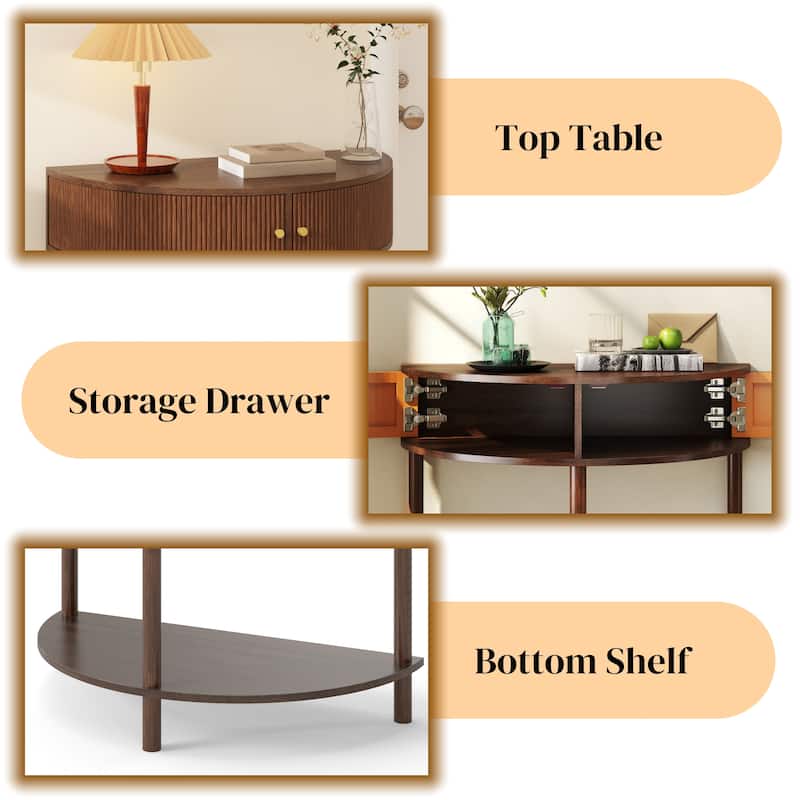 Homy Casa 31.5" Demi-Lune Console Table with 2 Drawers & Shelf, Wave-Pattern Front, Solid Wood Legs, Multiple Colors
