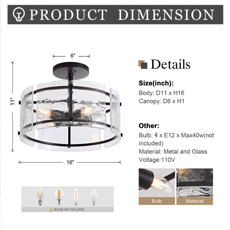 Laia Black 4-Light Water Textured Glass Drum Flush Mount - 16 inches in diameter x 11 inches H