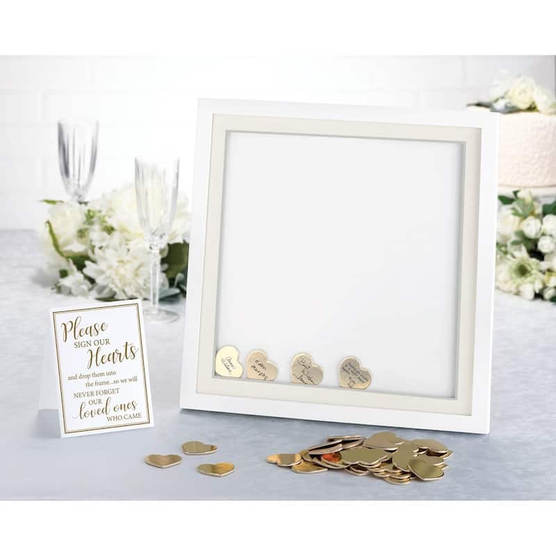 Curata Lillian Rose White Guest Book Alternative Shadow Box Frame with 48 Gold Signing Hearts
